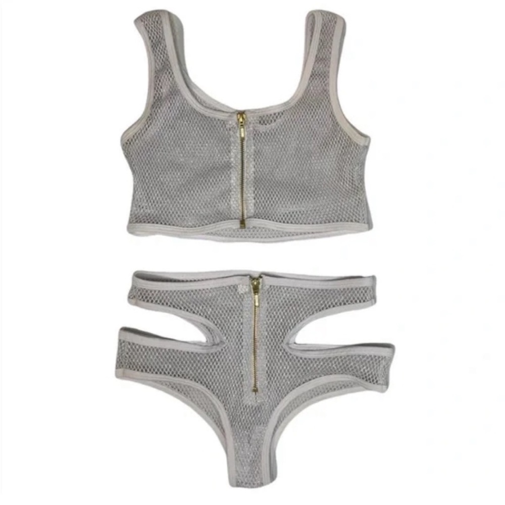 White Zip Up Fishnet Rave Set Size Medium